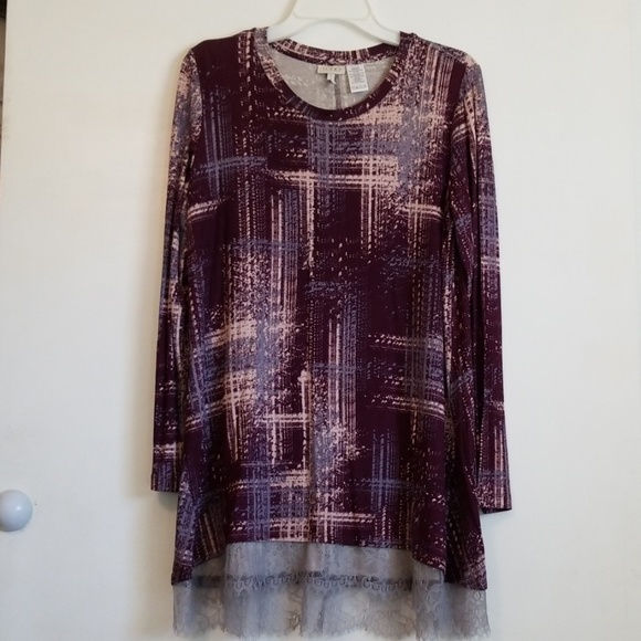 LOGO Lori Goldstein Purple Print Lace Blouse.Large - Picture 1 of 5